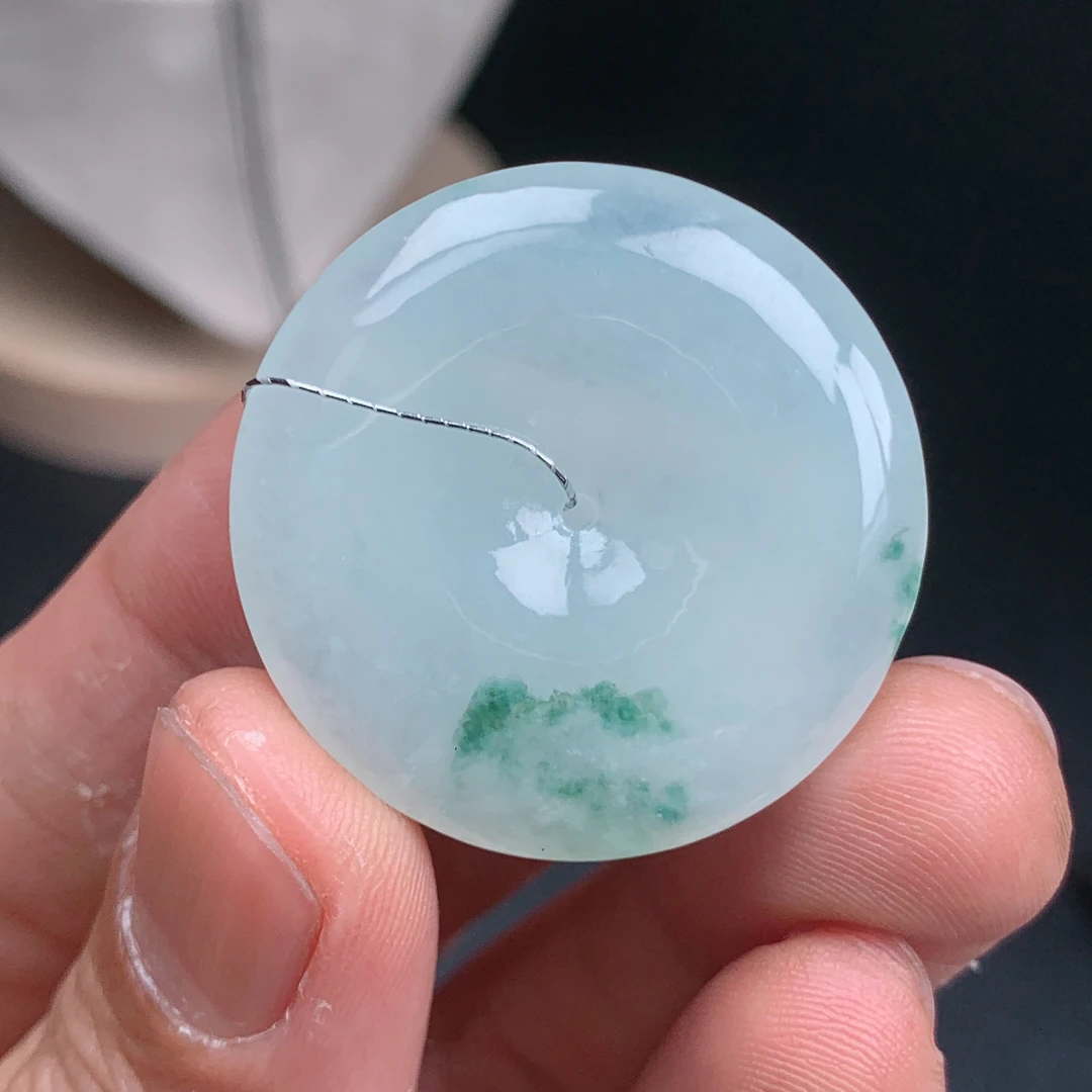 缅甸天然A货翡翠冰飘花平安扣吊坠 精美通透清爽大气百搭花色灵动