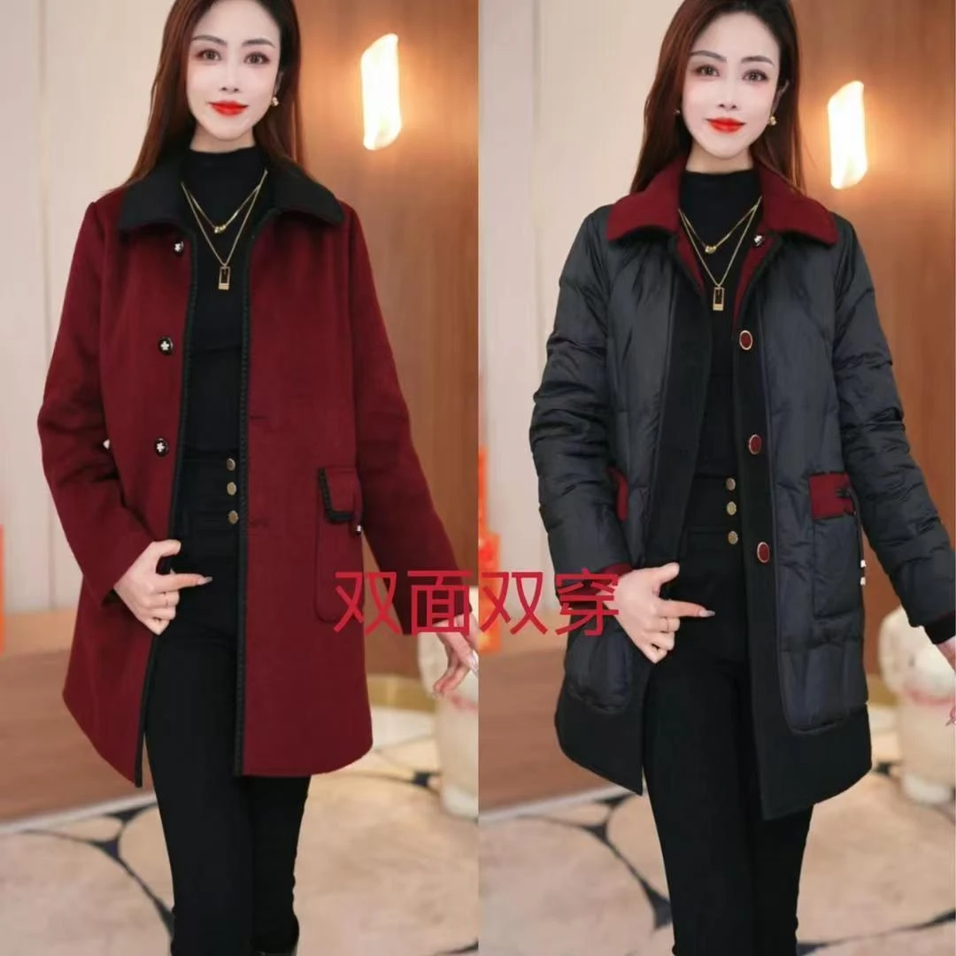 【鑫鑫专享】25年秋冬羽绒服白鸭绒大衣中老年羊毛外套女装双面穿