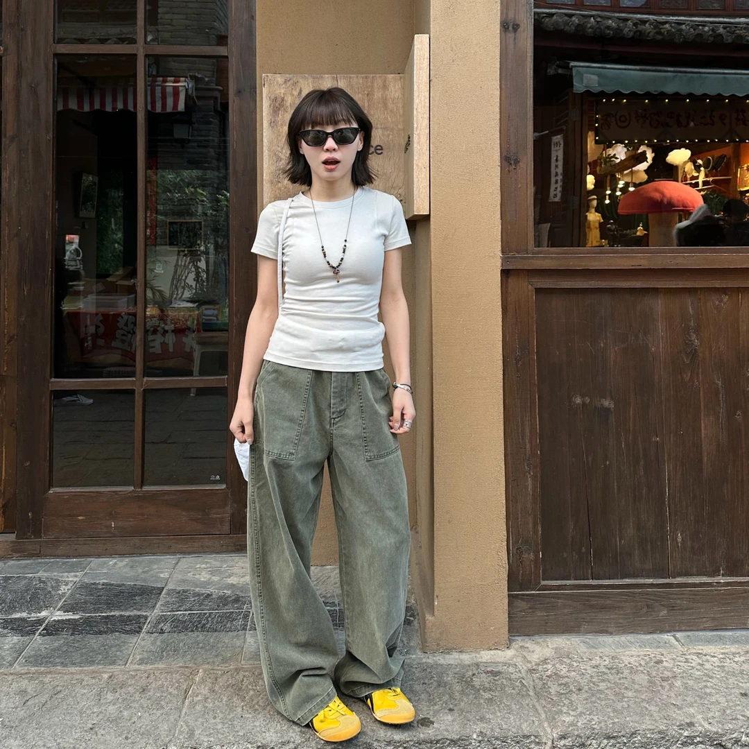 Our2【绿色口袋裤】宽松设计感弯刀工装裤【X5191】