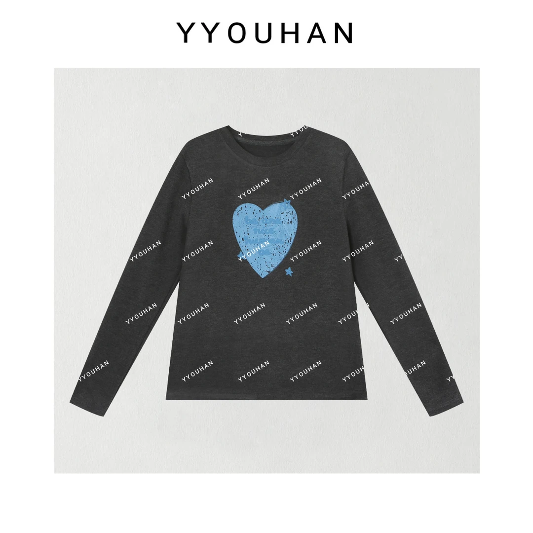 月月 2025秋冬新款小众设计极简风爱心字母长袖打底T恤 2511C7558