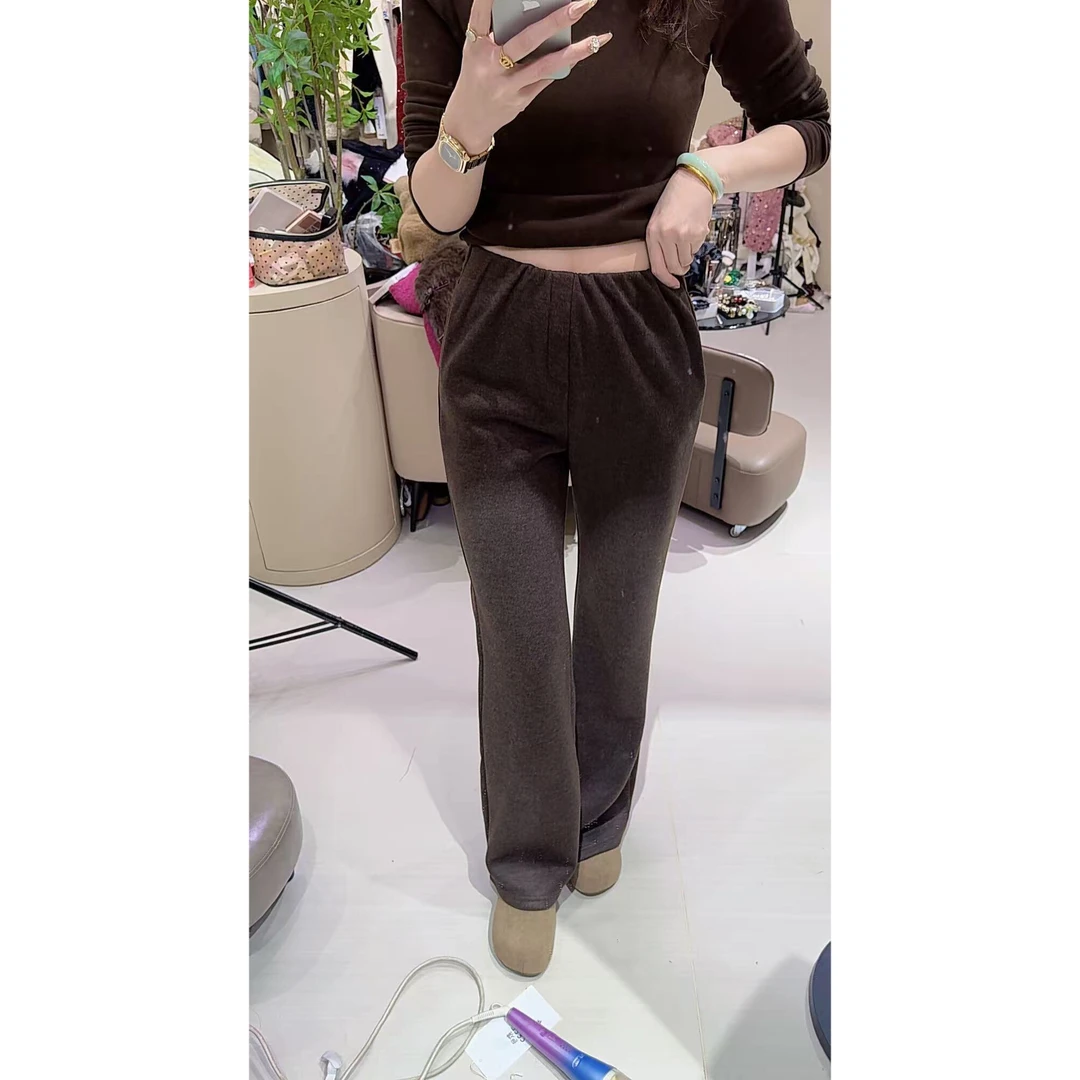 涵儿家 秋冬简约显瘦复合绒松紧腰微喇裤-21360