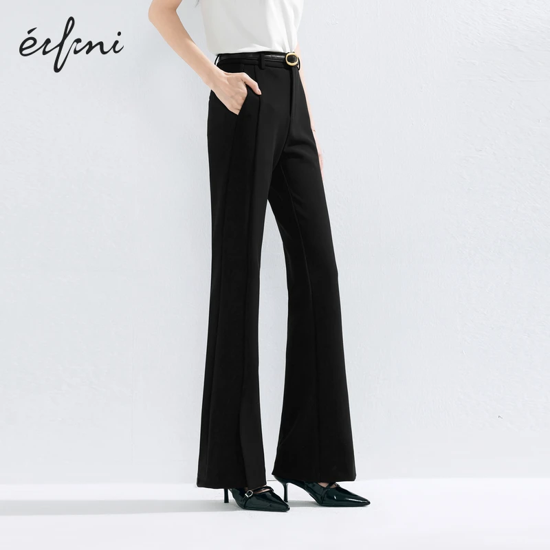 伊芙丽时髦显瘦高弹力休闲裤女25夏季都市假日喇叭长裤1G2951191