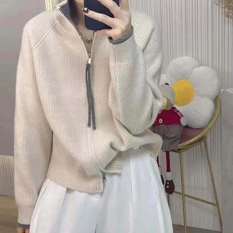 2025春秋韩式新款拼色双拉链针织衫女立领设计简约潮流超耐看上衣