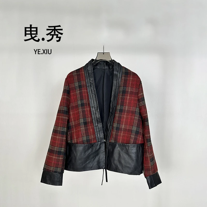 2025秋新款真皮皮衣女V领短款绵羊皮拼接毛呢格子上衣时尚外套潮