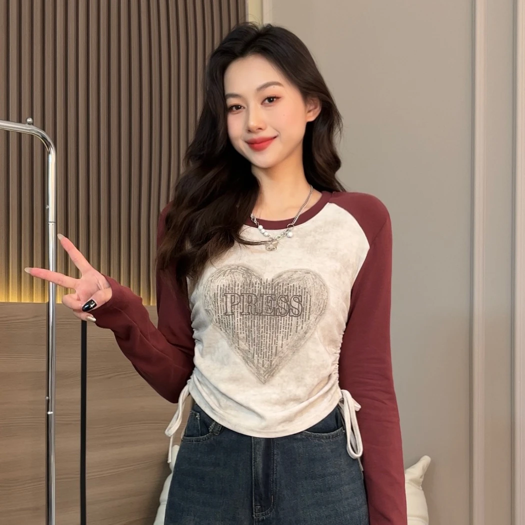 【现货】早春新款百搭设计感撞色抽绳圆领小众长袖打底衫DM5056