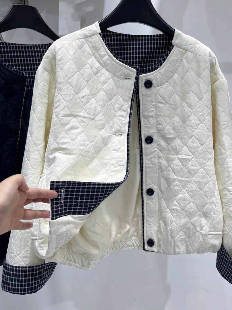 高级感格子拼接圆领单排扣外套女秋季新款宽松休闲阔版夹克上衣潮