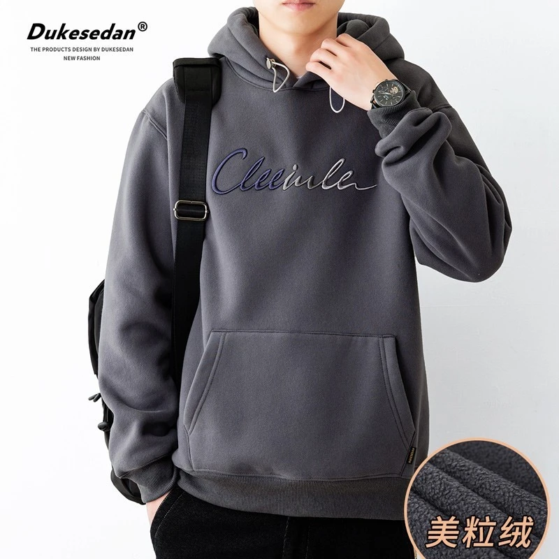 420g重磅美粒绒加绒外套男冬季宽松套头刺绣加绒加厚连帽卫衣男士