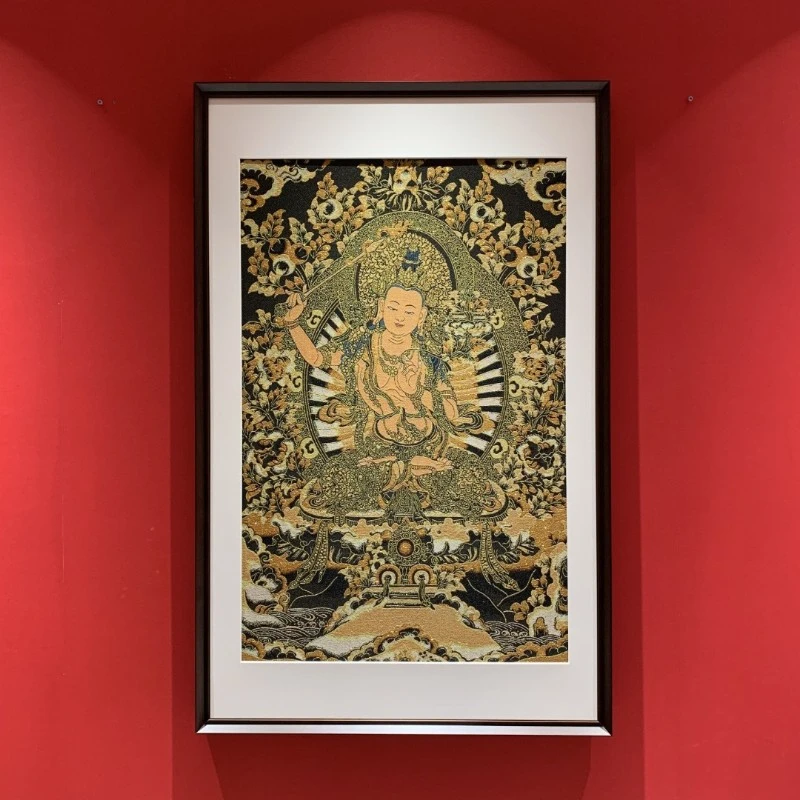 绣材质【文殊菩萨】挂画实木装裱办公室玄关茶室书房背景墙装饰画