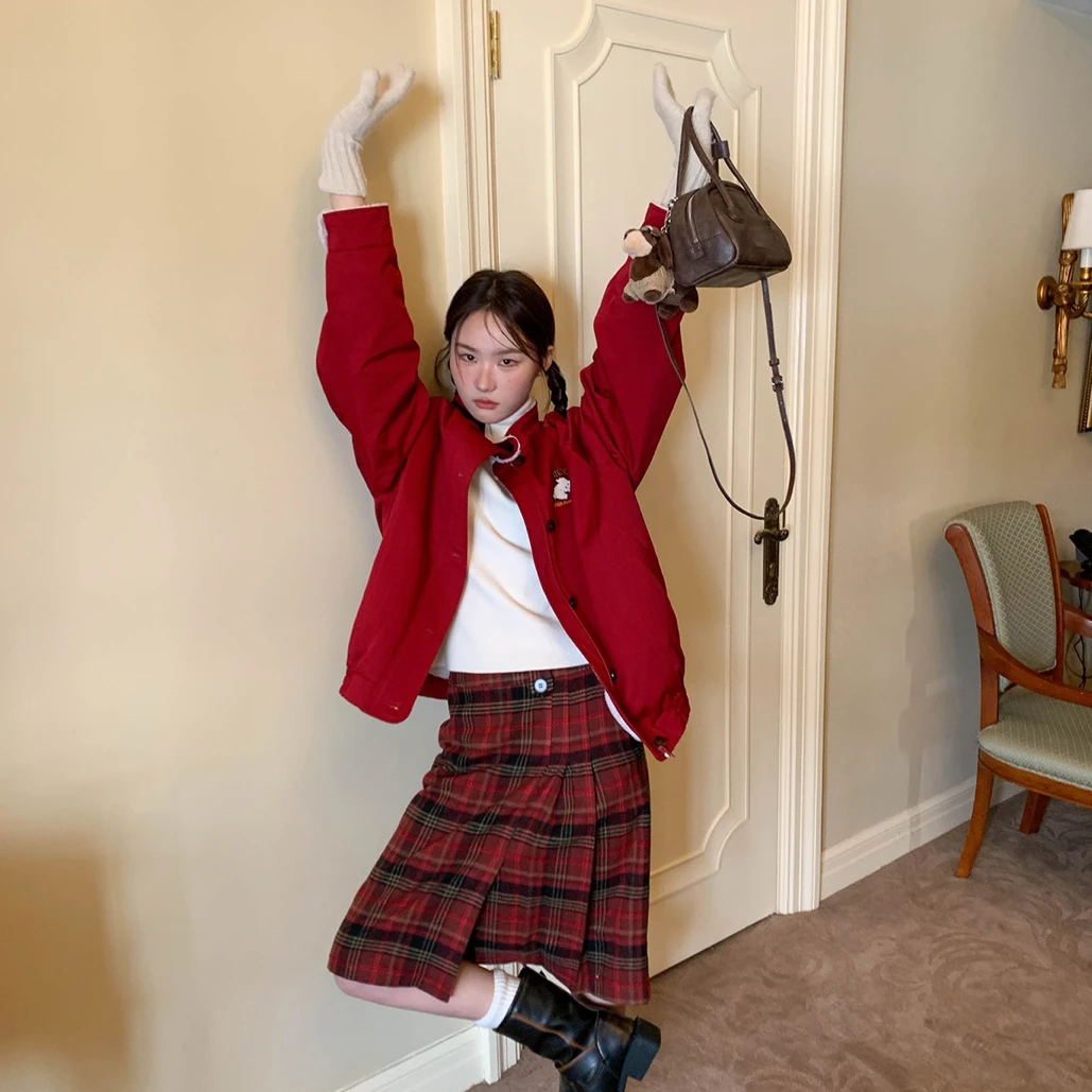 刺绣毛毛美式风外套女秋冬2025新款宽松加厚小个子夹棉保暖上衣