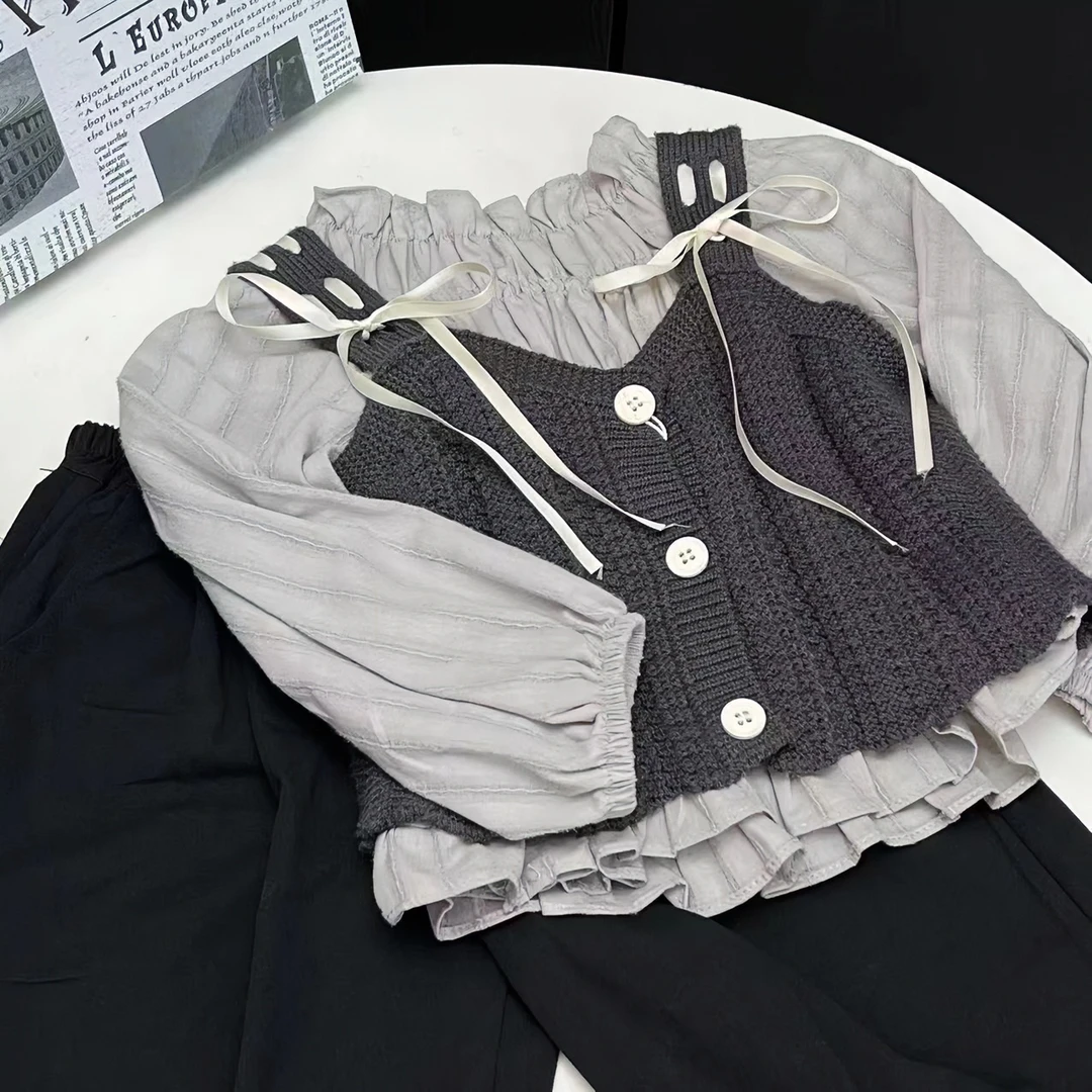 301-399预夏儿童节女童洋气女孩显瘦牛仔泡泡袖甜美套装裙子女宝