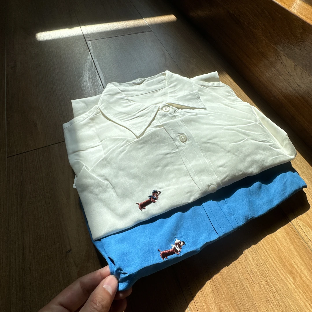 【美琪优选】丝感柔软 刺绣腊肠狗 女士长袖衬衫