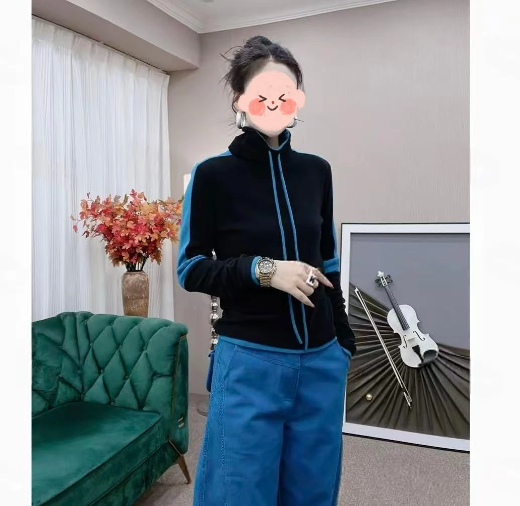 高领立领双面奥绒保暖拼色卫衣女2025秋冬新款休闲宽松打底上衣厚