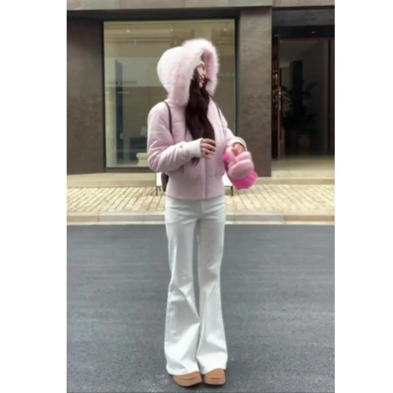 MARIE.COCO新款少女感连帽毛领棉服外套女秋冬白色百搭修身微喇裤