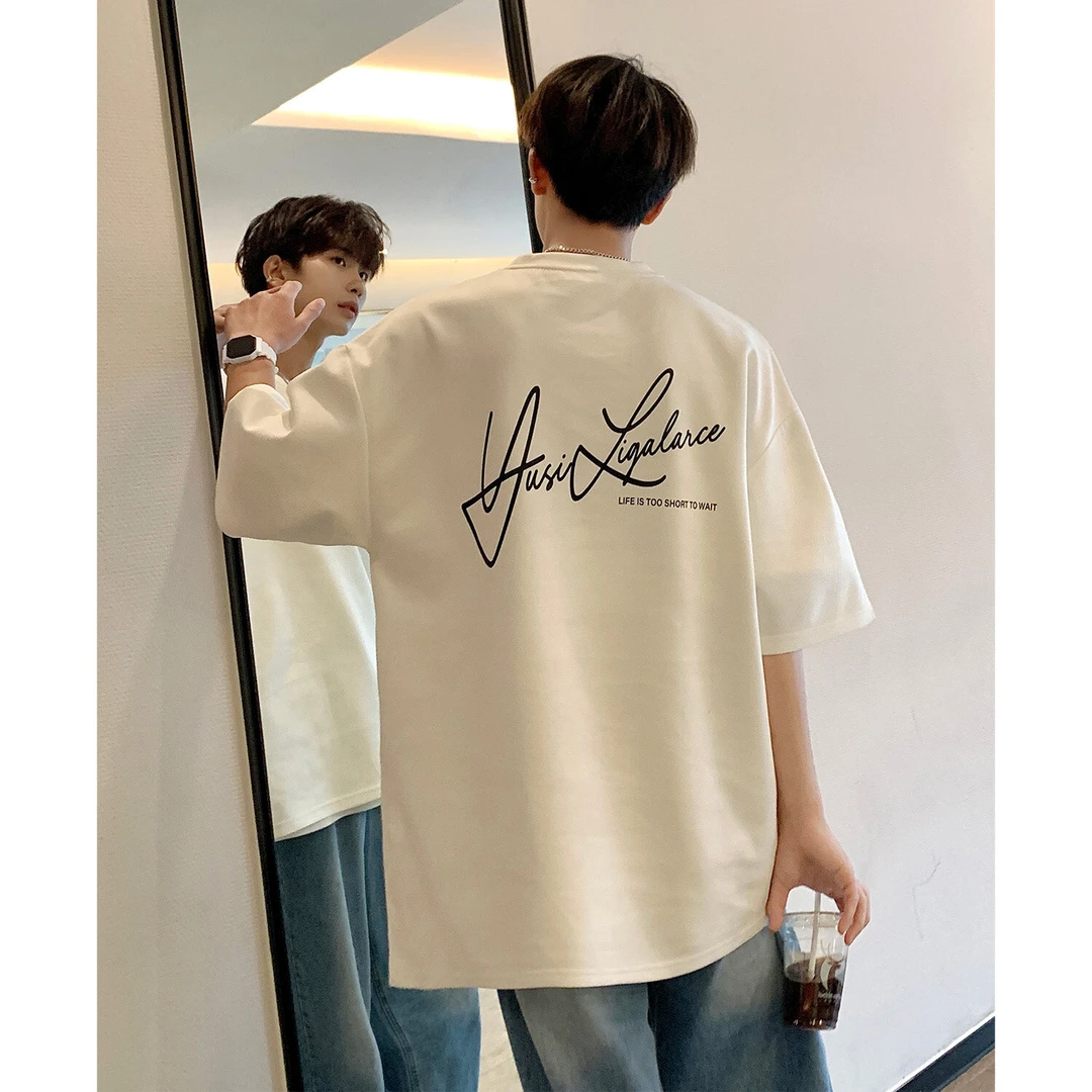 仿麂皮绒白色短袖T恤男2025夏季美式休闲重磅上衣潮牌百搭七分袖