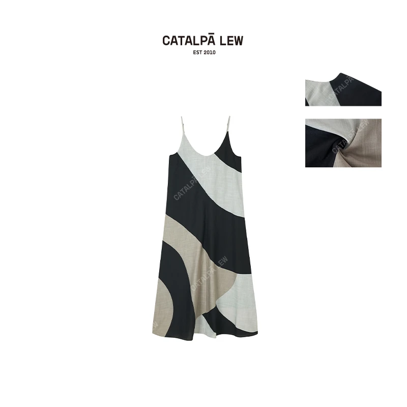CatalpaLew「壶见」墟生美学夏季高级感拼色亚麻连衣裙#C51819