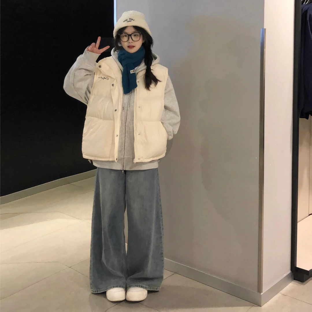 美式简约设计感字母印花立领马甲外套男女冬季休闲情侣加厚面包服