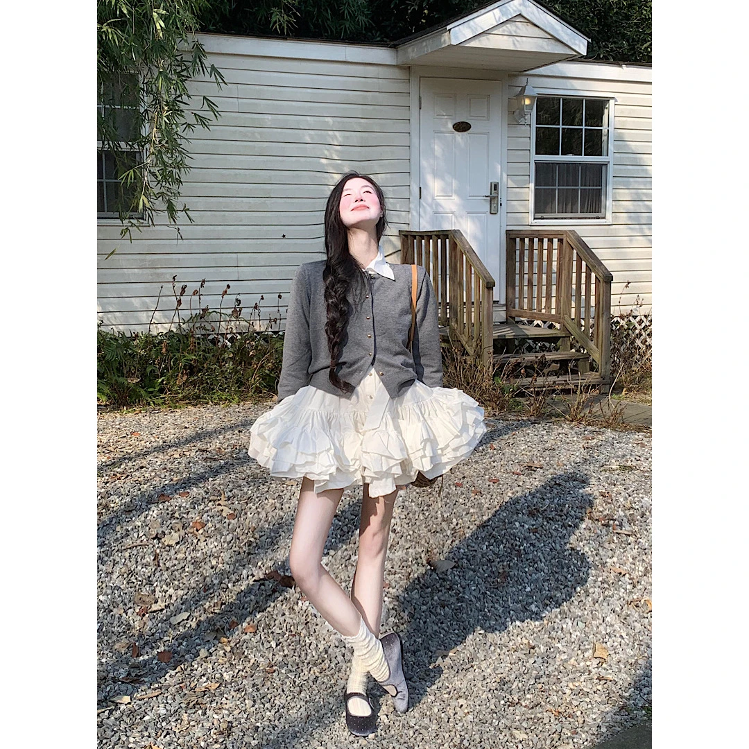 FRVXO重工大摆法式衬衫连衣裙白色蓬蓬短裙灰色圆领针织外套套装