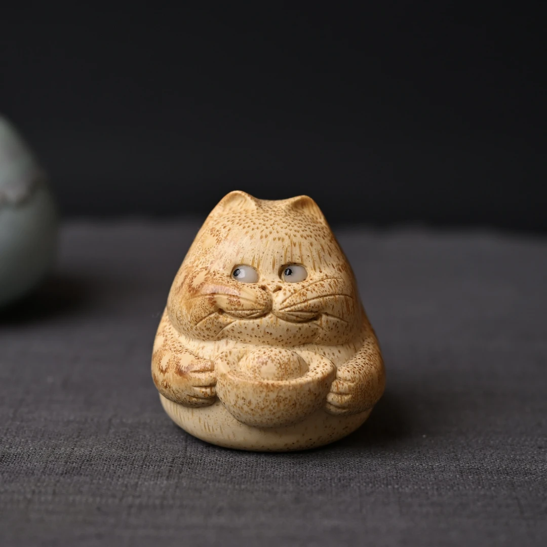 纯手工精品竹根雕招财猫摆件可盘玩