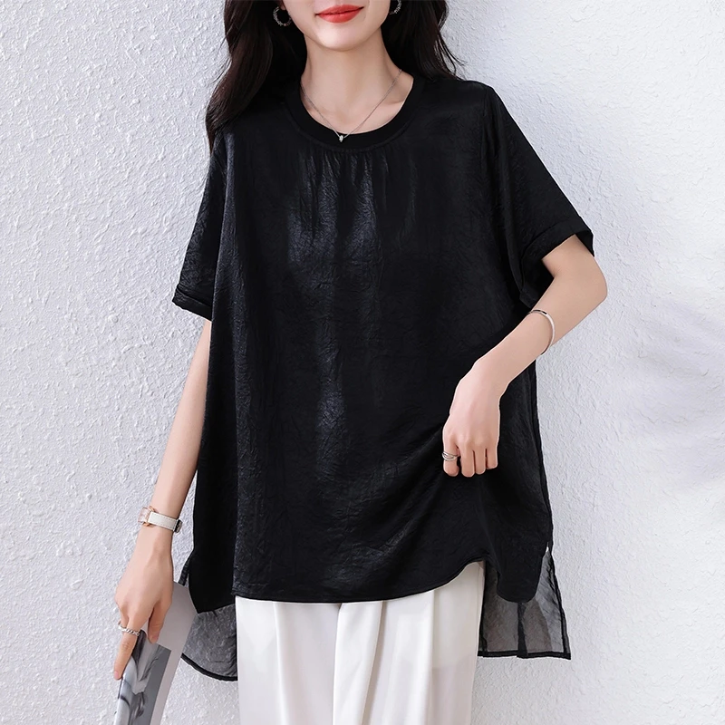 时尚宽松大码百搭拼纱醋酸T恤短袖高级感气质夏季新款休闲上衣