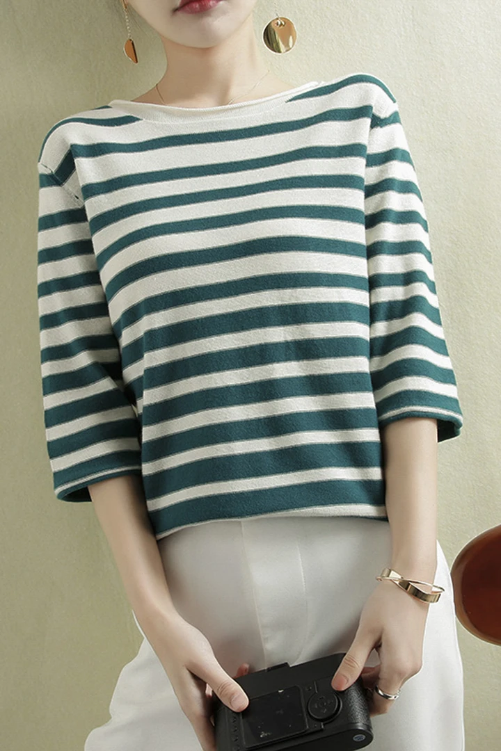 100%纯棉中袖条纹针织衫宽松打底衫薄款