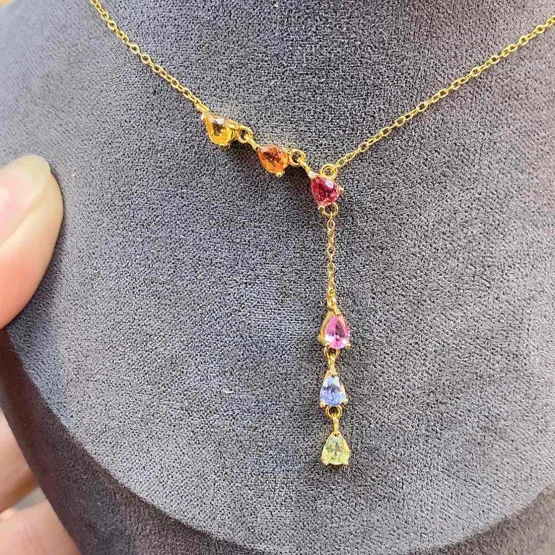 彩色蓝宝石颈饰银S925镶嵌