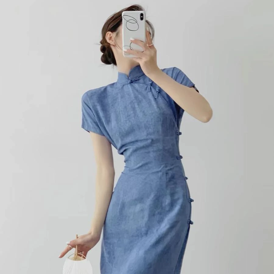 ZB322连衣裙设计显白蓝色旗袍裙民国风日常款改良新中式连衣裙