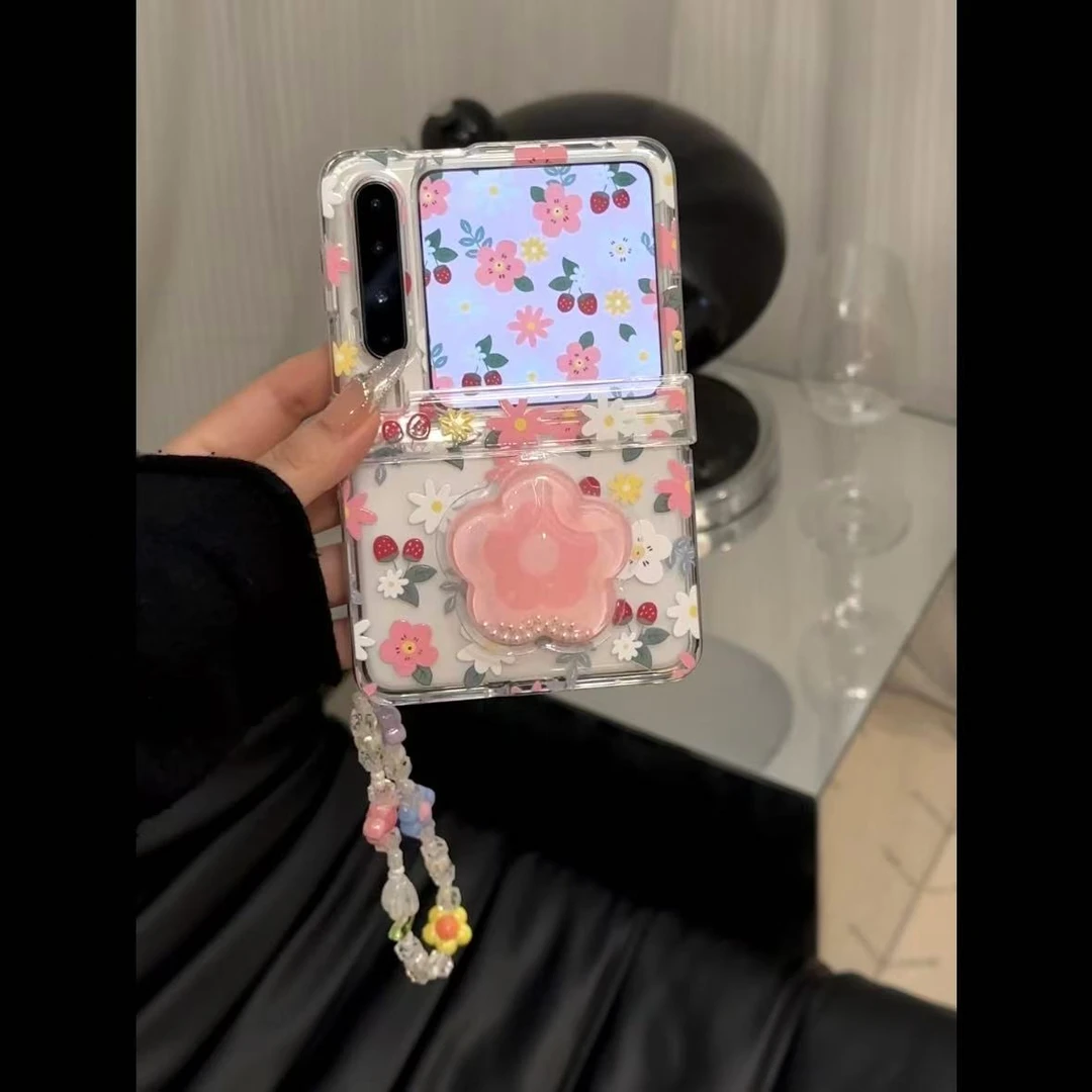 满屏粉花朵草莓支架华为puraX折叠屏P50pocket2手机壳小米mixflip