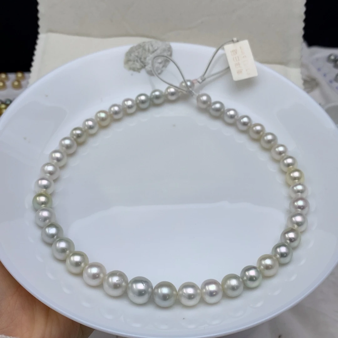 海水珍珠银S925镶嵌颈饰9-11.5mm白金混彩串链