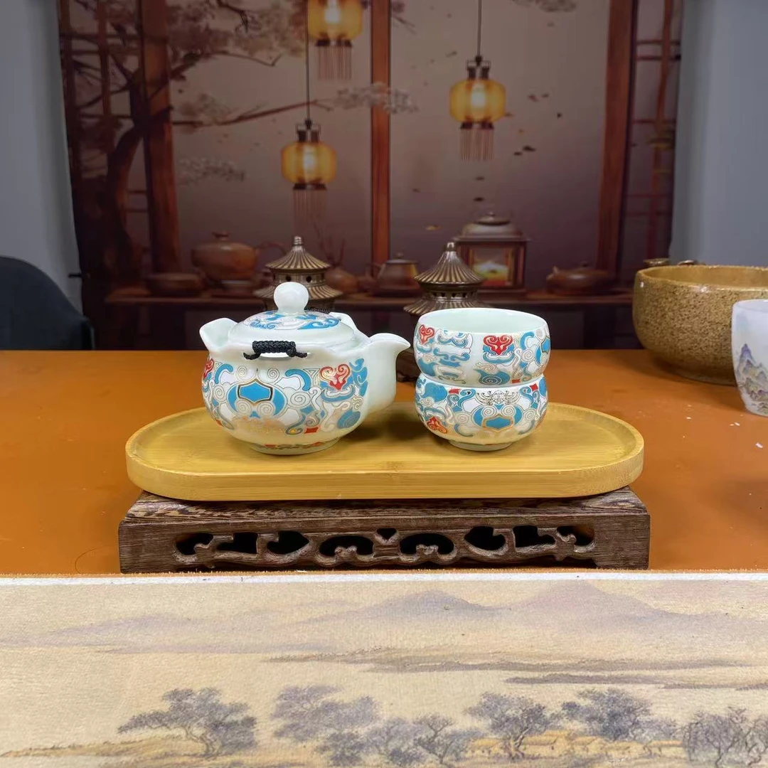 汝窑敦煌壁画手抓带两杯陶瓷家用A016