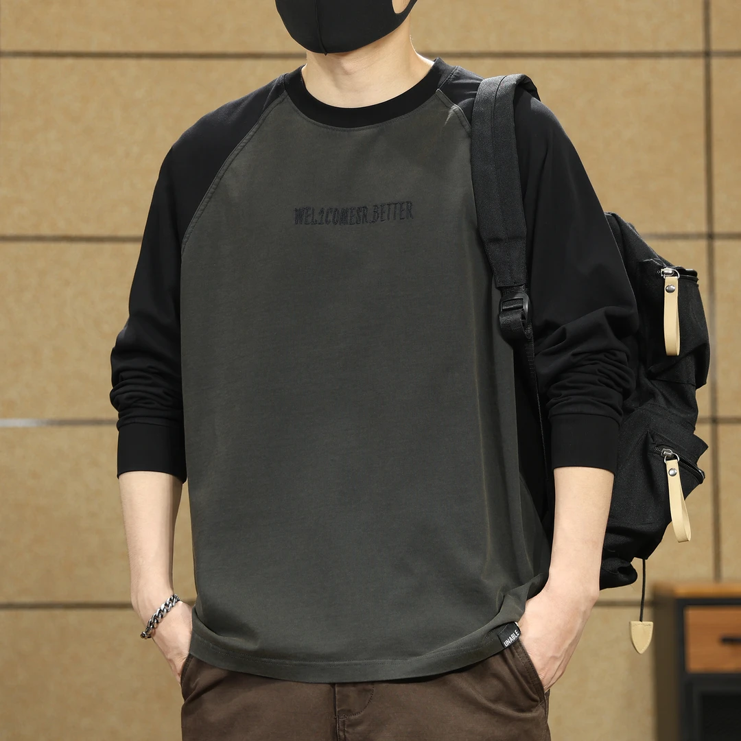 260g春秋季新款美式纯棉长袖T恤男宽松复古水洗插肩袖打底衫上衣t