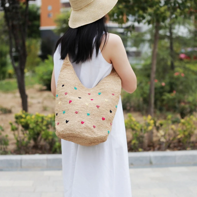 100%拉菲草手工编织水桶包包女法式复古度假风沙滩包大容量单肩包