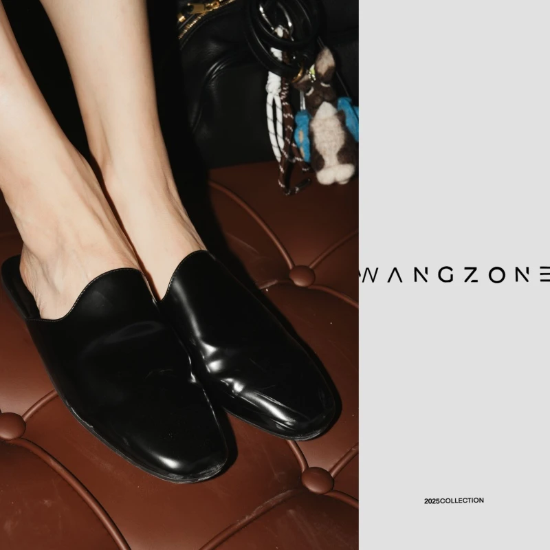 WANG ZONE｜ 进口亮面牛皮复古老钱风防滑半拖穆勒鞋懒人一脚蹬