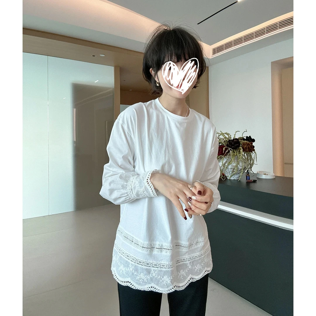 2025春季宽松休闲圆领蕾丝拼接花边长袖T恤设计感百搭打底衫8334