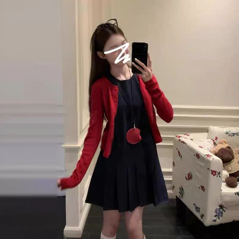 潼潼家【玫瑰庄园】春季大码时尚显瘦收腰遮肉牛仔连衣裙开衫套装