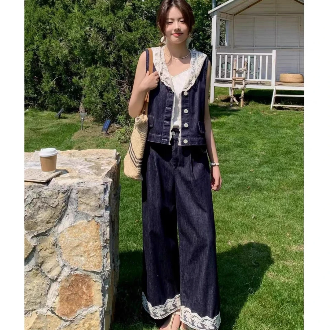 2025春夏新款设计感牛仔蕾丝连帽单排扣马甲+阔腿裤女时尚两件套