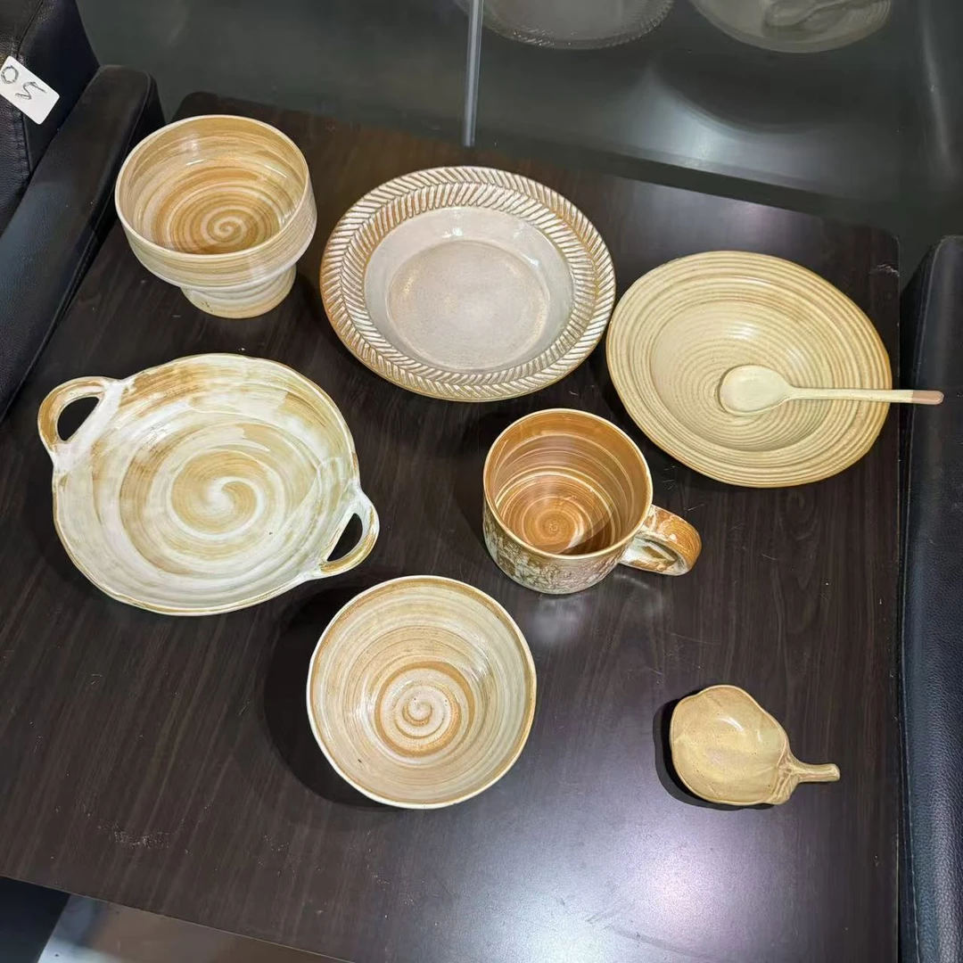 复古田园粗陶餐具合集高颜值陶瓷做旧感菜碗沙拉碟凉菜碗果盘套件
