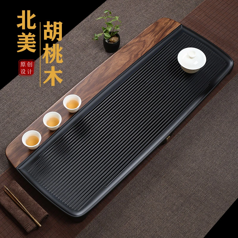 仁唐电木镶嵌胡桃木实木茶盘家用简约办公干泡排水茶台茶具