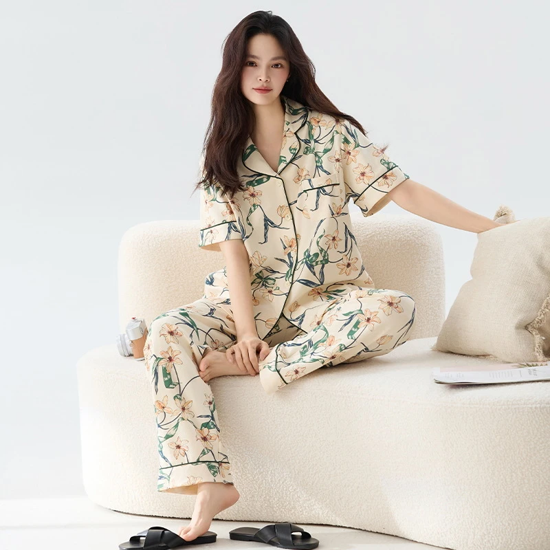 睡衣女夏季纯棉短袖长裤夏款可外穿轻奢感满加大码园家居服舒适