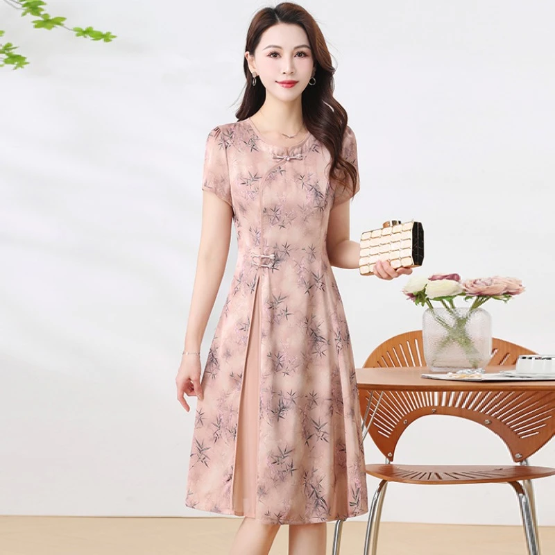现货式国风连衣裙夏款洋花色改良旗袍夏高贵裙