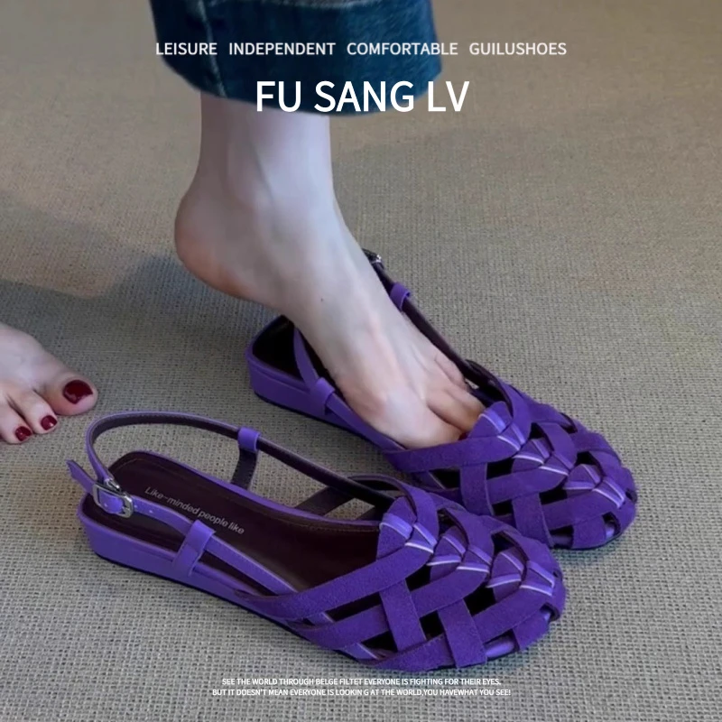 羊皮版~夏天凉鞋2025年爆款超火紫色包头编织坡跟小众度假罗马鞋