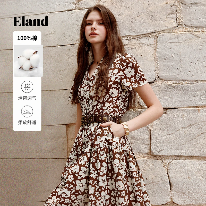 Eland衣恋休闲度假风女士短袖收腰显瘦连衣裙百搭风EEOWF37M05