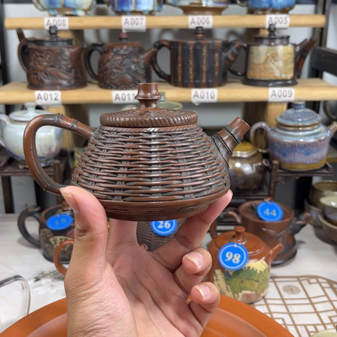 建水紫陶200cc满雕竹编石瓢，建水紫陶传承纯手工制作