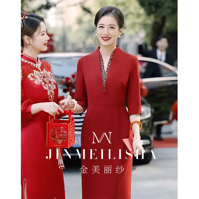 婚礼妈妈装礼服高端洋气修身酒红色长袖结婚喜婆婆婚宴晚礼服气质