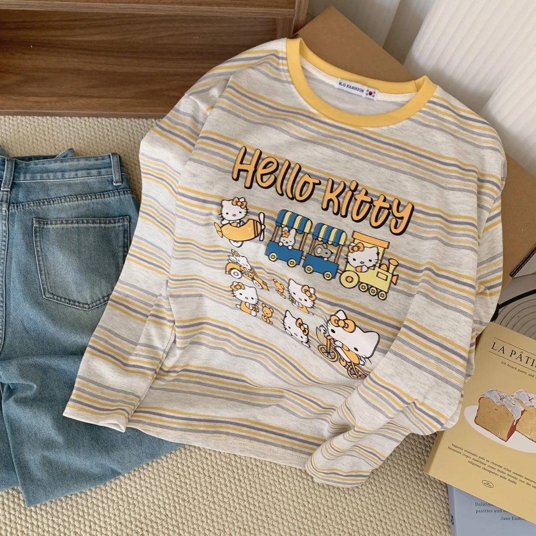 春款KT猫打底衫条纹慵懒风韩系