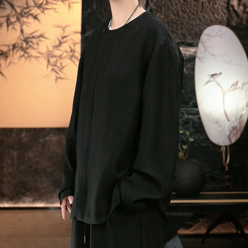 【再易】2025新款黑色华夫格冠乐绉桑蚕丝男士长袖衫上衣ZY0261S