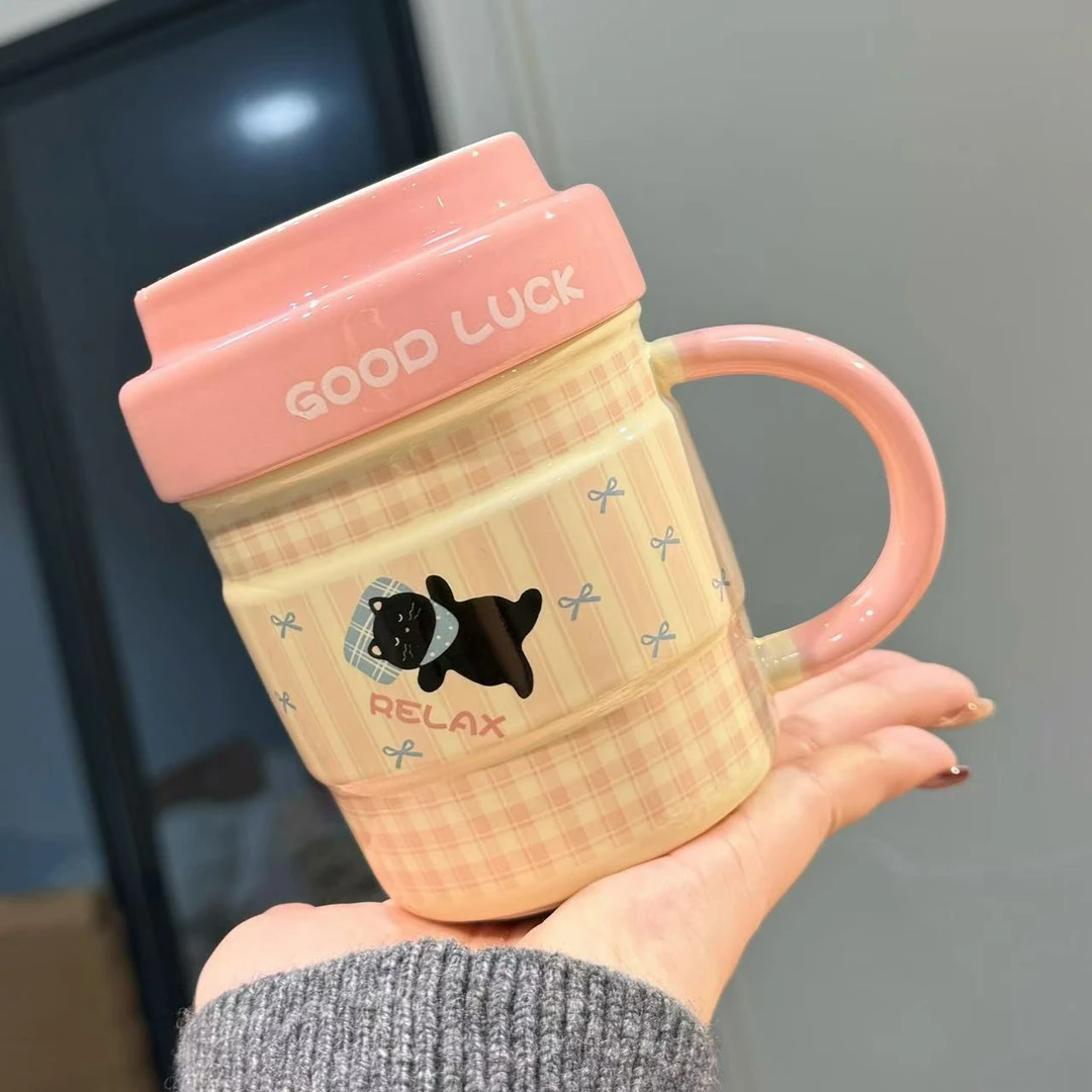 【圆和圈】出口韩国  幸运小猫带盖粉色马克杯 办公喝水杯果汁杯