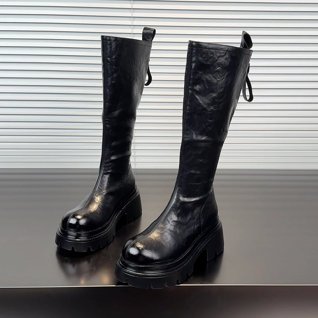 2025年秋季新款长筒靴女网红厚底增高不过膝马丁靴后拉链白色百搭