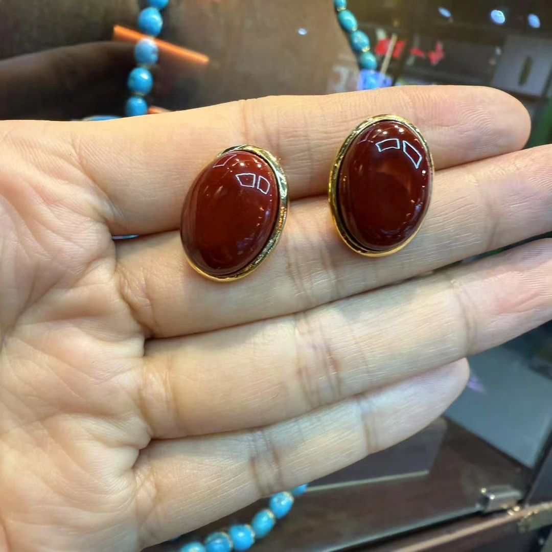 合金锆石耳饰 铜合金椭圆酒红色耳钉