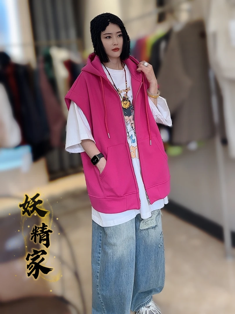 3302【妖精家】宽松大版街头痞帅连帽坎肩卫衣马甲情侣款设计感