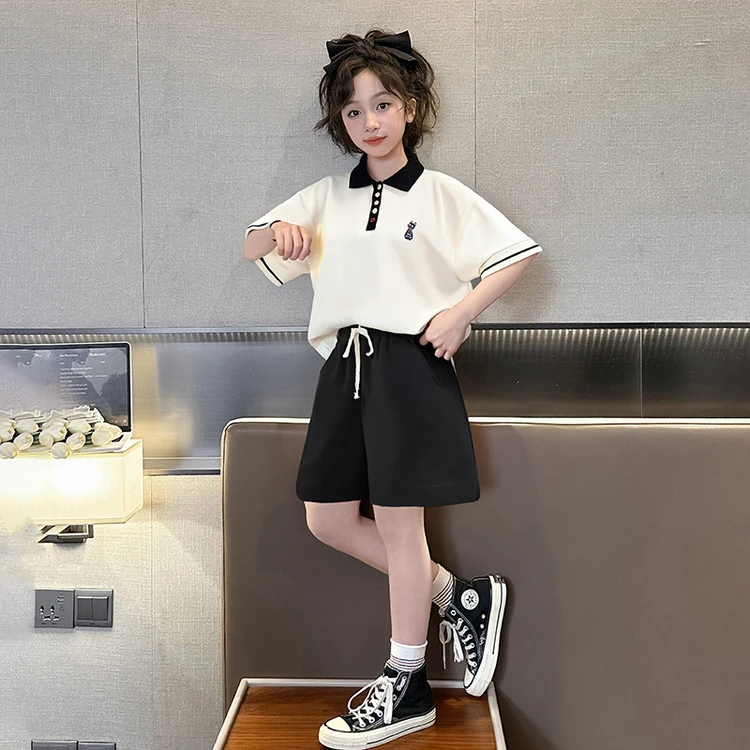 女童套装夏季新洋气中大童女孩时髦短袖翻领polo衫短裤休闲两件套